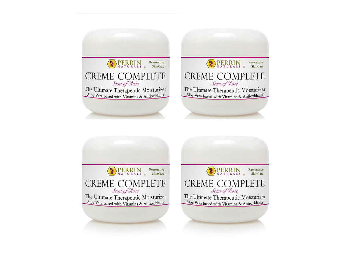 Four jars of Perrin Naturals Creme Complete Rose 60g, packaged for bulk purchase.