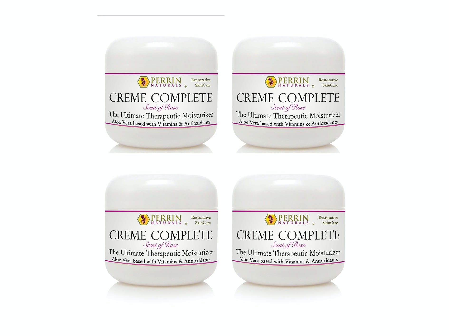 Four jars of Perrin Naturals Creme Complete Rose 60g, packaged for bulk purchase.