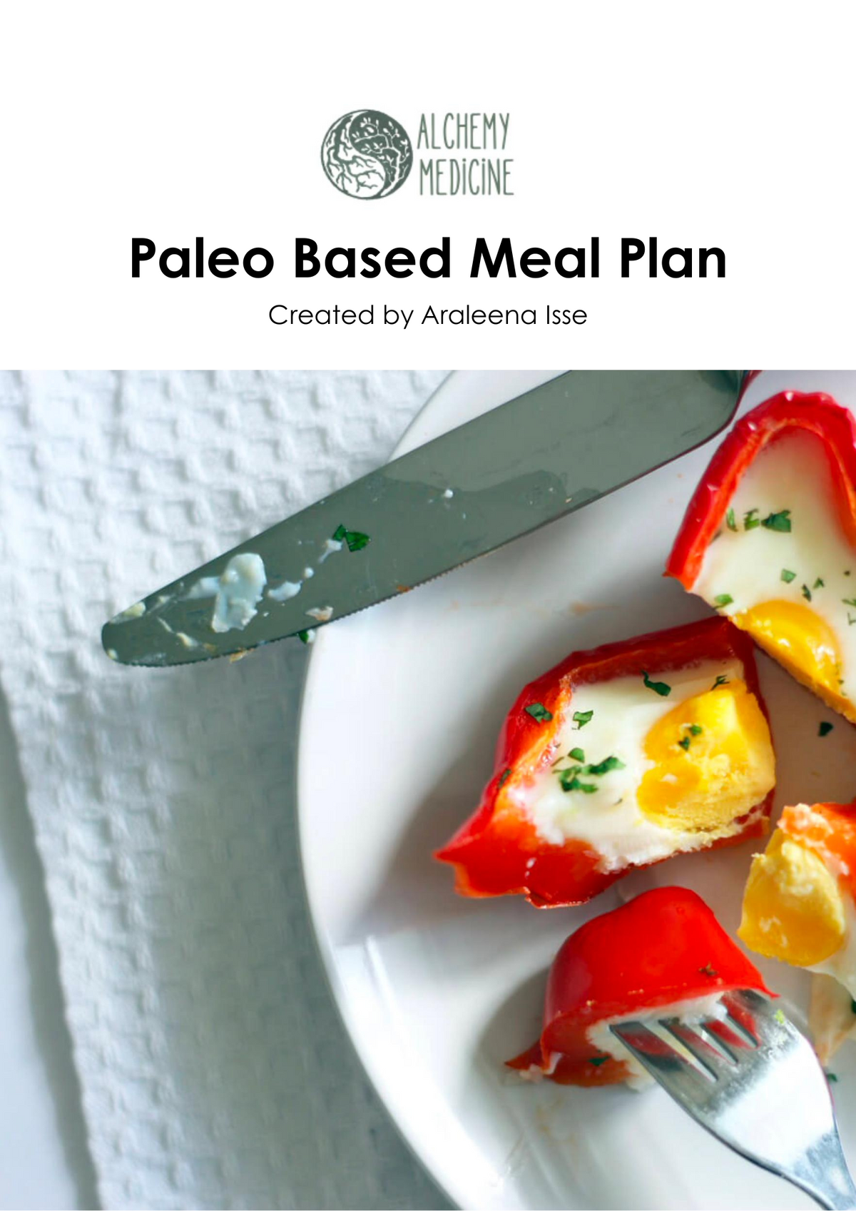 Alchemy Medicine front cover Paleo Based Meal Plan, displaying a plate with pieces of bell pepper and an egg, garnished with herbs.