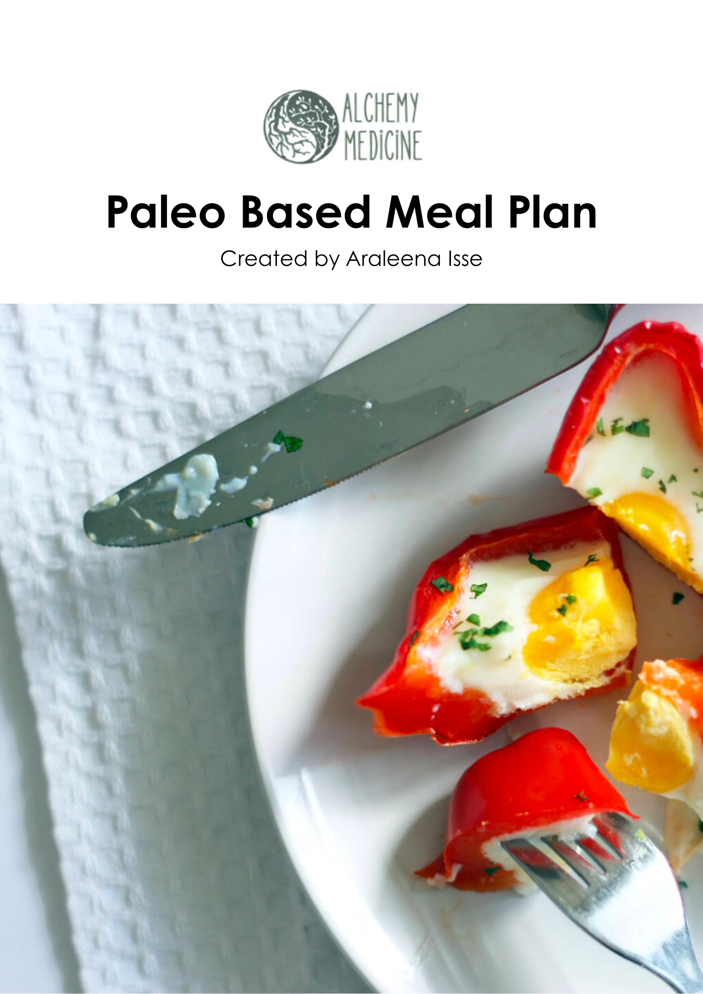 Alchemy Medicine front cover Paleo Based Meal Plan, displaying a plate with pieces of bell pepper and an egg, garnished with herbs.