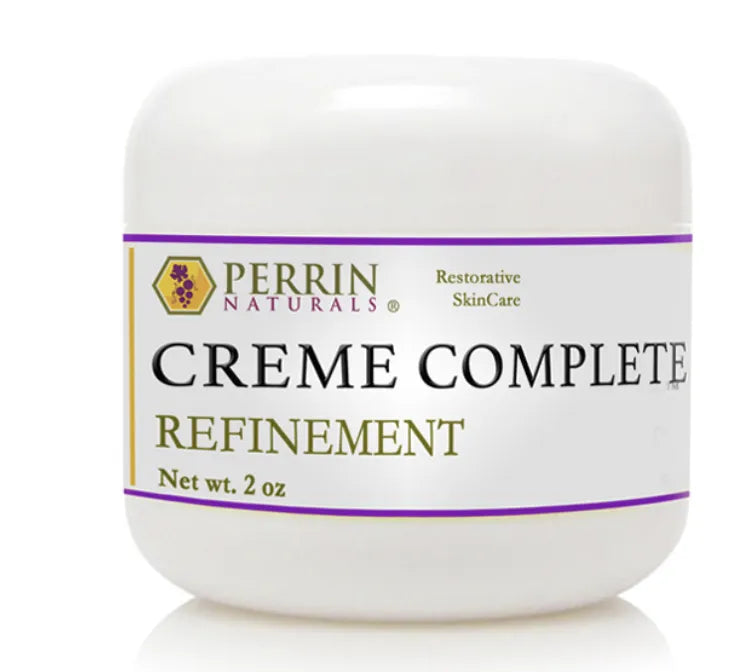 A jar of Perrin Naturals Creme Complete Refinement skin care product for skin inflammation and lichens sclerosis