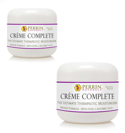 Two tubs of Perrin Naturals Creme Complete, the ultimate therapeutic moisturizer, with white labels displaying the brand and product name.