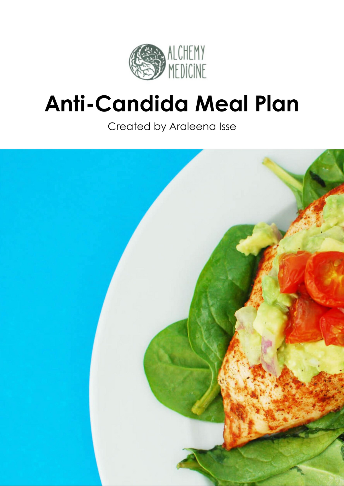 Alchemy medicine Anti candida meal plan front cover with healthy food plate 