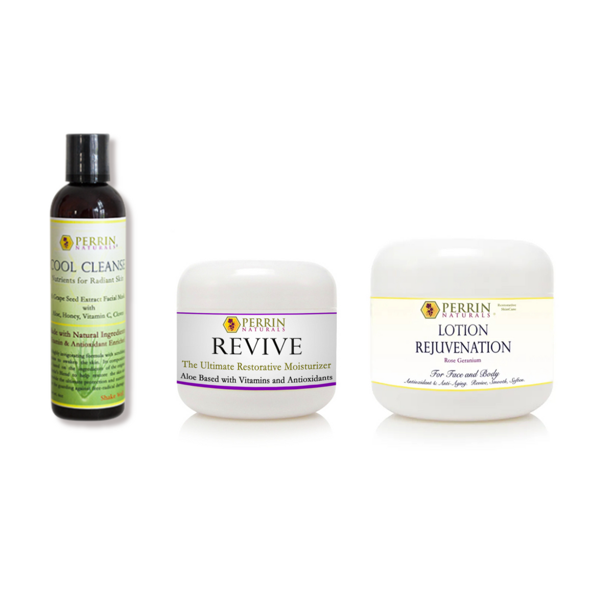 A trio to revive ageing dull skin by Perrin Naturals, including a facial mask and scrub, a cream moisturiser, and a lotion for rejuvenation.