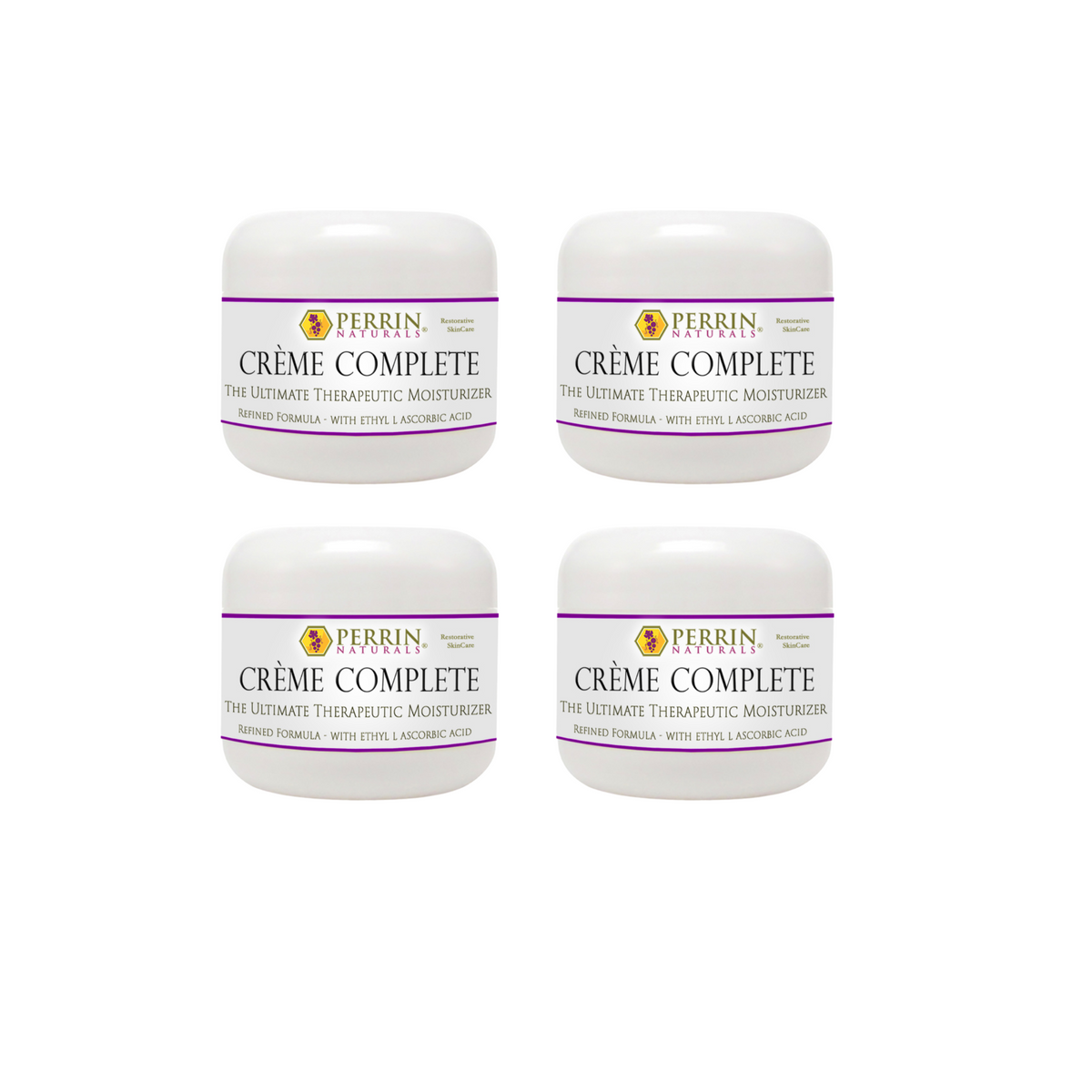 Four tubs of Perrin Naturals Creme Complete Refinement cream, packaged in white containers with purple labels.