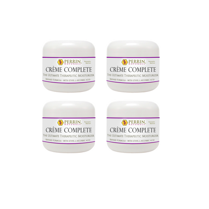 Four tubs of Perrin Naturals Creme Complete Refinement cream, packaged in white containers with purple labels.