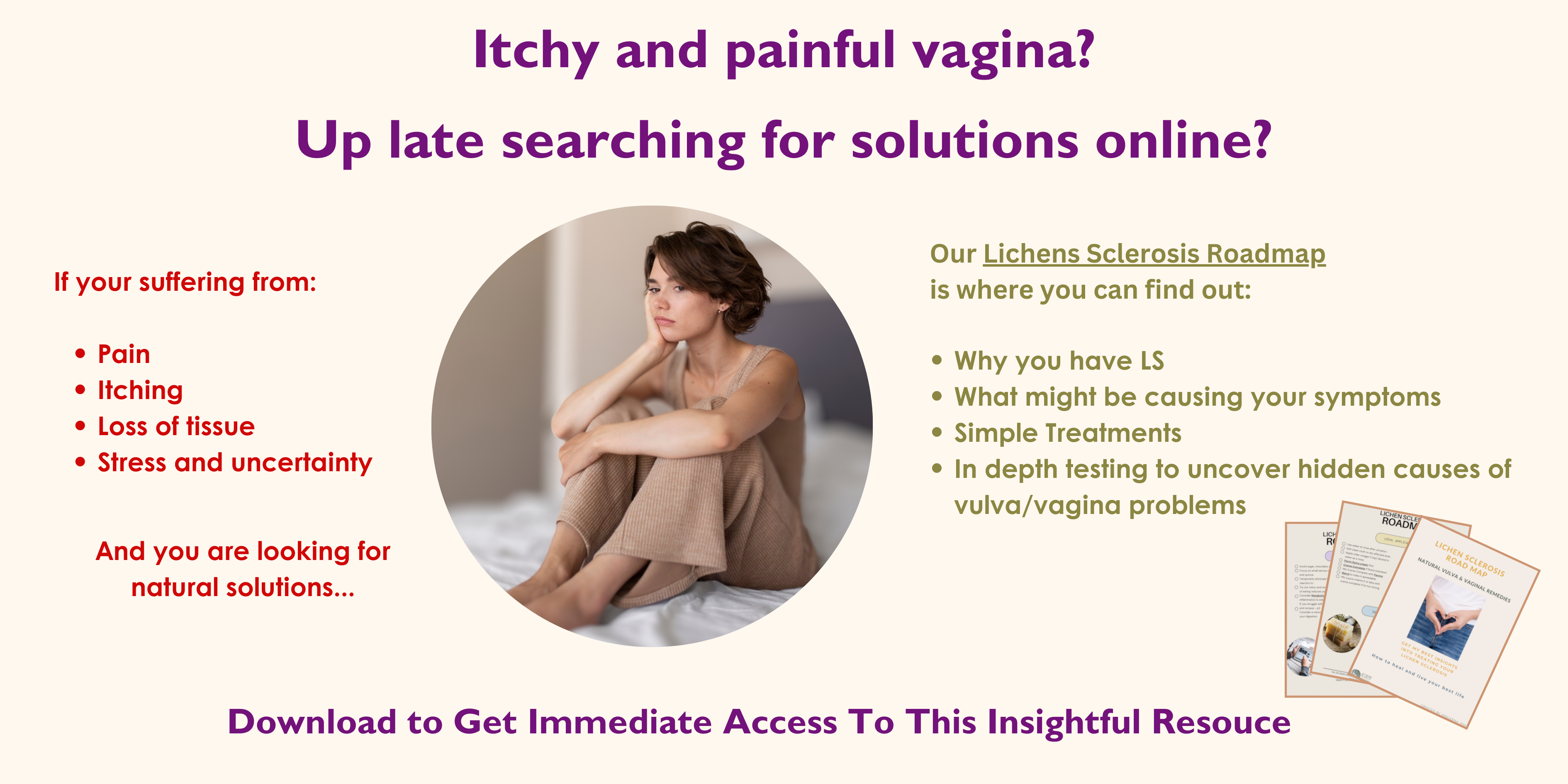 Banner discussing painful itchy vagina and how perrin Naturals Lichens sclerosis roadmap can help on your journey to healing 