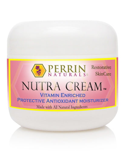 A jar of Perrin Naturals Nutra Cream, which is a protective antioxidant moisturizer with a pink label indicating it is made with all natural ingredients.