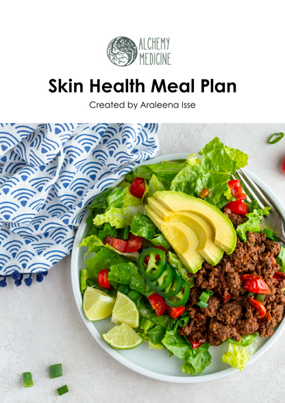 Alchemy Medicine Skin health meal plan front cover page with healthy food 