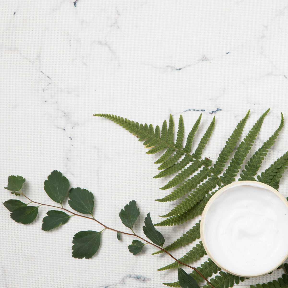 Leaves and natural creams against marbled background 