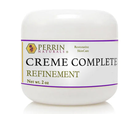 A jar of Perrin Naturals Creme Complete Refinement skin care product for skin inflammation and lichens sclerosis 